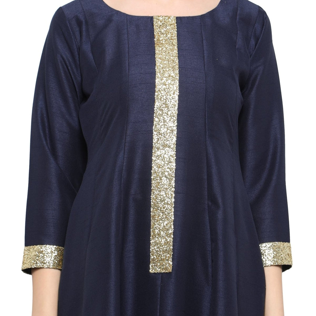 Ahalyaa Women's Navy Blue And Gold Anarkali For Festive And Party Wear