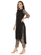 Ahalyaa Women Black & Golden Printed High Low Kurta With Trouser