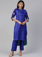 Ahalyaa Women Blue & Green Solid High Low Kurta with Trousers
