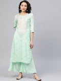 Ahalyaa Women Sea Green & Golden Printed Kurta With Palazzo