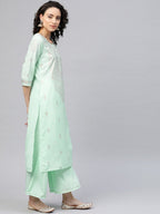 Ahalyaa Women Sea Green & Golden Printed Kurta With Palazzo
