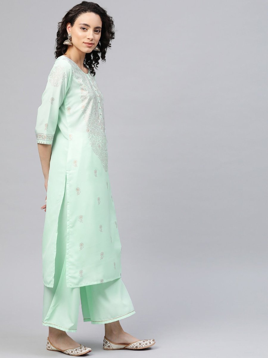 Ahalyaa Women Sea Green & Golden Printed Kurta With Palazzo