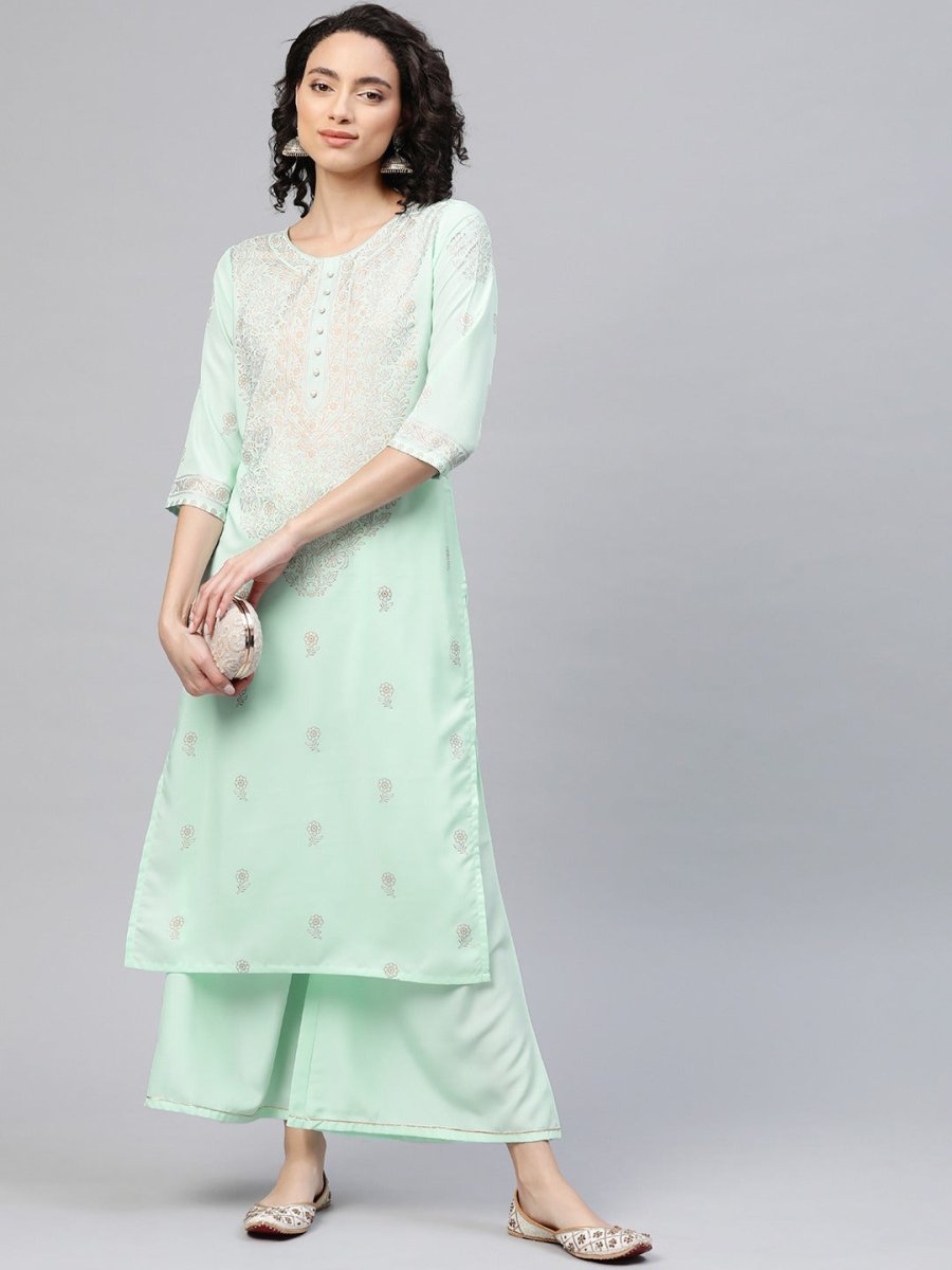 Ahalyaa Women Sea Green & Golden Printed Kurta With Palazzo