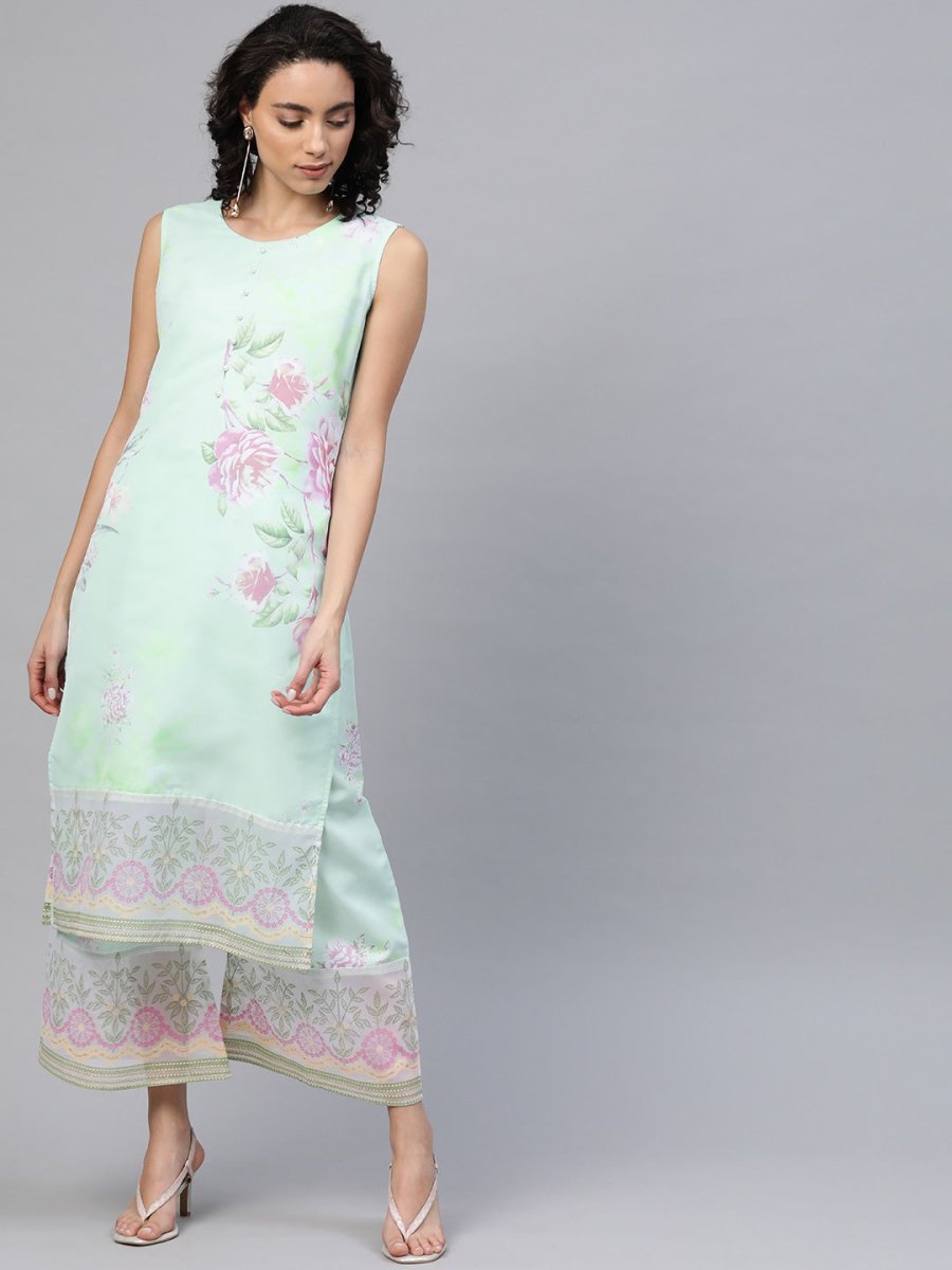 Ahalyaa Blue & Pink Floral Print Kurta With Palazzo