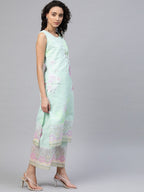 Ahalyaa Blue & Pink Floral Print Kurta With Palazzo