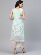 Ahalyaa Blue & Pink Floral Print Kurta With Palazzo