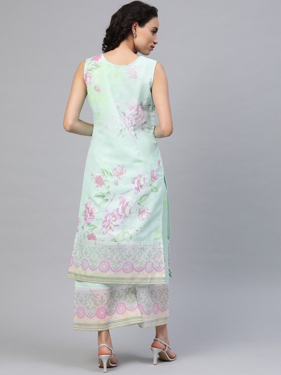 Ahalyaa Blue & Pink Floral Print Kurta With Palazzo