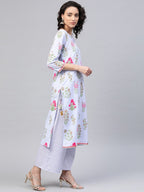 Ahalyaa Women Blue & Pink Floral Print Kurta With Palazzo