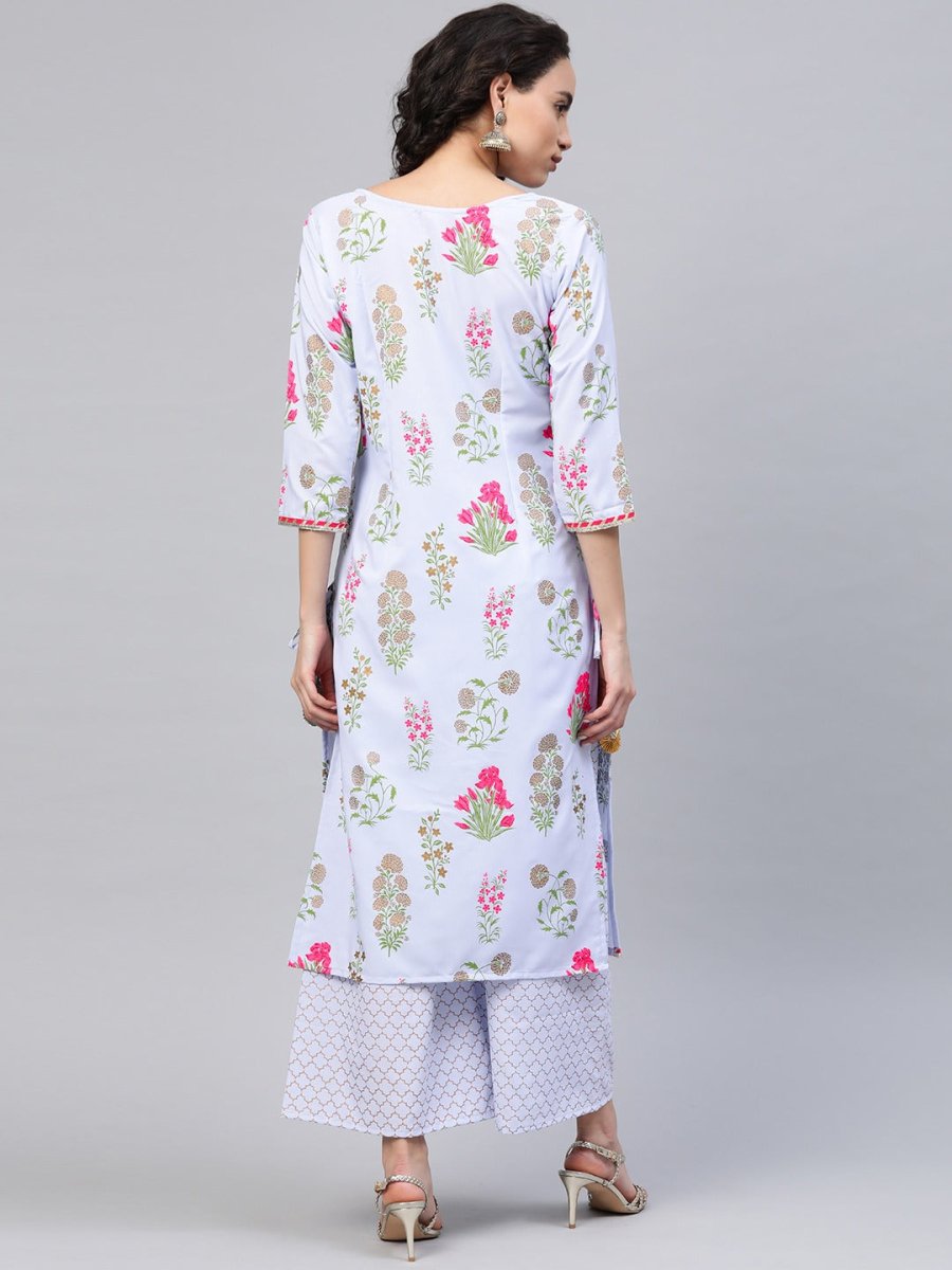 Ahalyaa Women Blue & Pink Floral Print Kurta With Palazzo