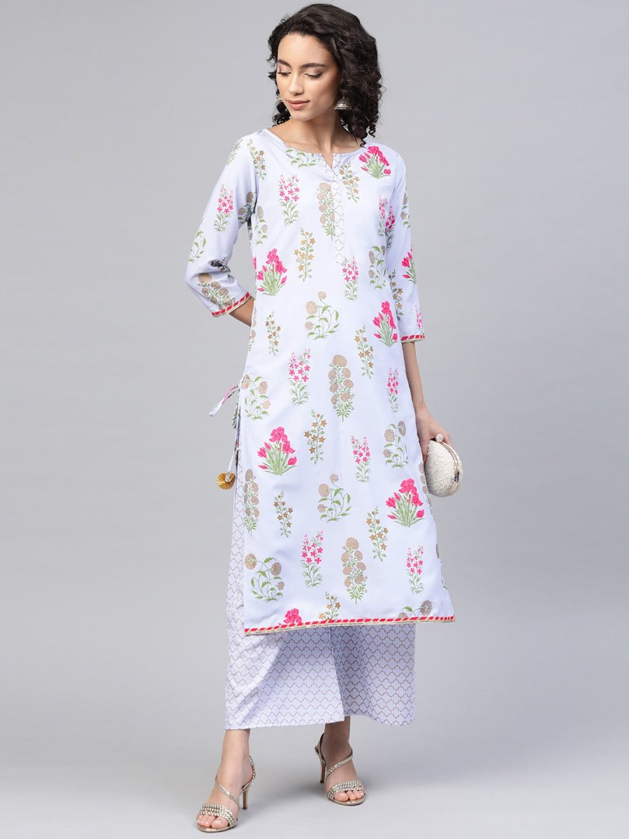 Ahalyaa Women Blue & Pink Floral Print Kurta With Palazzo