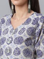 Ahalyaa Blue & Off-White Pure Cotton Printed Kurta with Palazzo