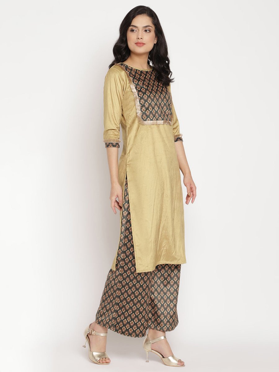 Ahalyaa Women's Mustard Color Digital Print Velvet Kurta With Palazzo