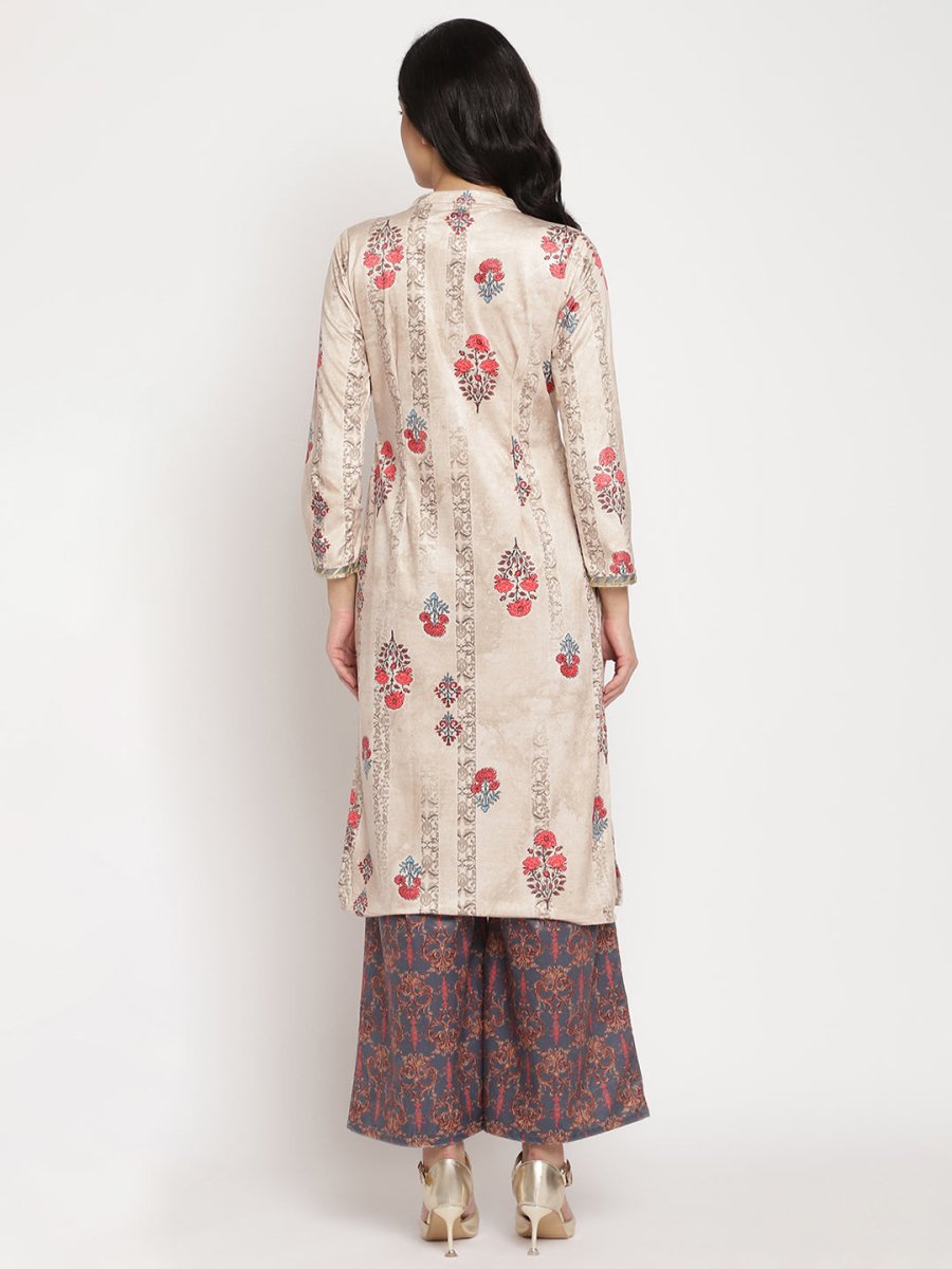 Ahalyaa Women's Beige Color Digital Print Velvet Kurta With Palazzo