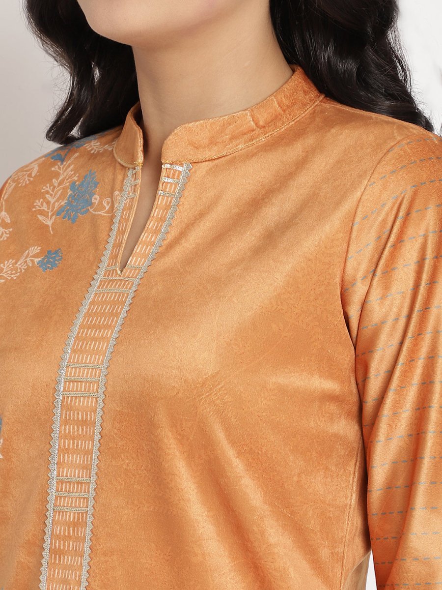 Ahalyaa Women's Orange Color Digital Print Velvet Kurta With Palazzo