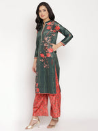 Ahalyaa Women's Dark Green Color Digital Print Velvet Kurta With Palazzo