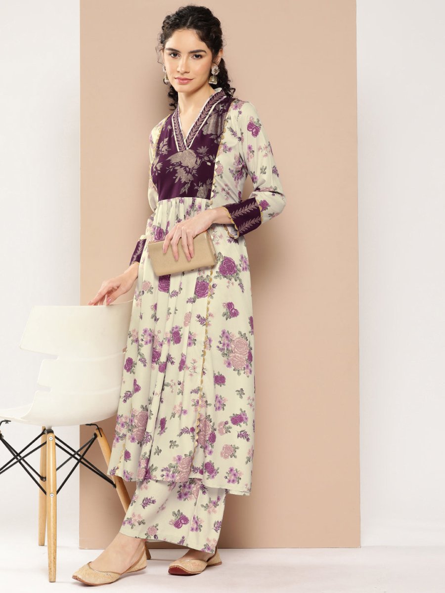 Ahalyaa Women Floral Printed Pleated Gotta Patti Kurta with Palazzos