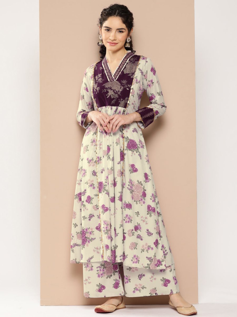 Ahalyaa Women Floral Printed Pleated Gotta Patti Kurta with Palazzos