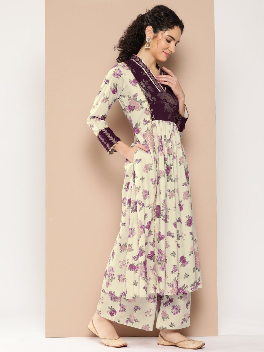 Ahalyaa Women Floral Printed Pleated Gotta Patti Kurta with Palazzos