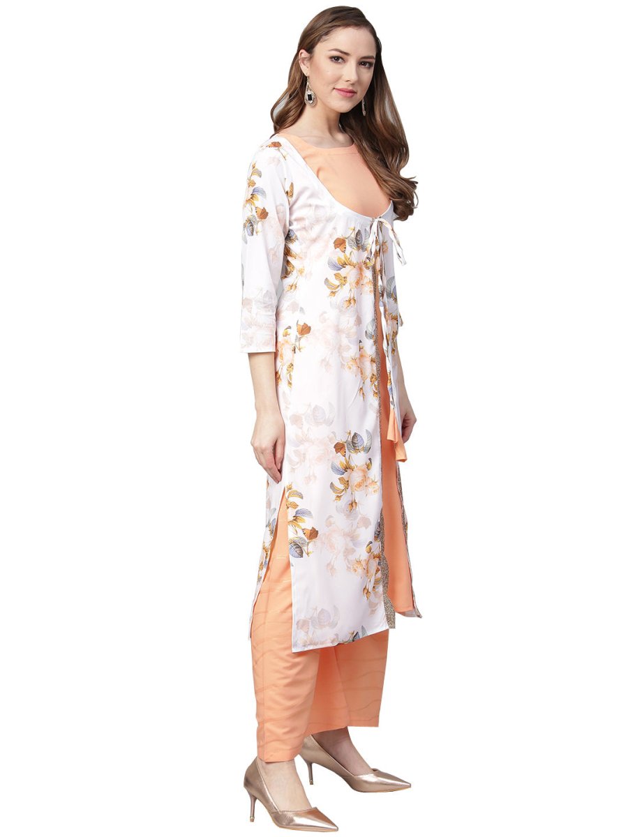 Ahalyaa White & Peach Floral Jacket Style Kurta With Plazzo - Distacart
