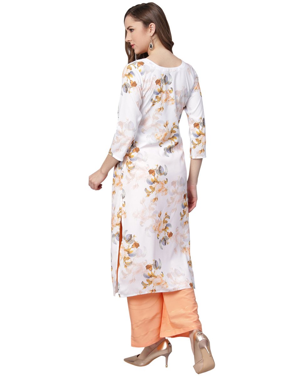 Ahalyaa White & Peach Floral Jacket Style Kurta With Plazzo - Distacart