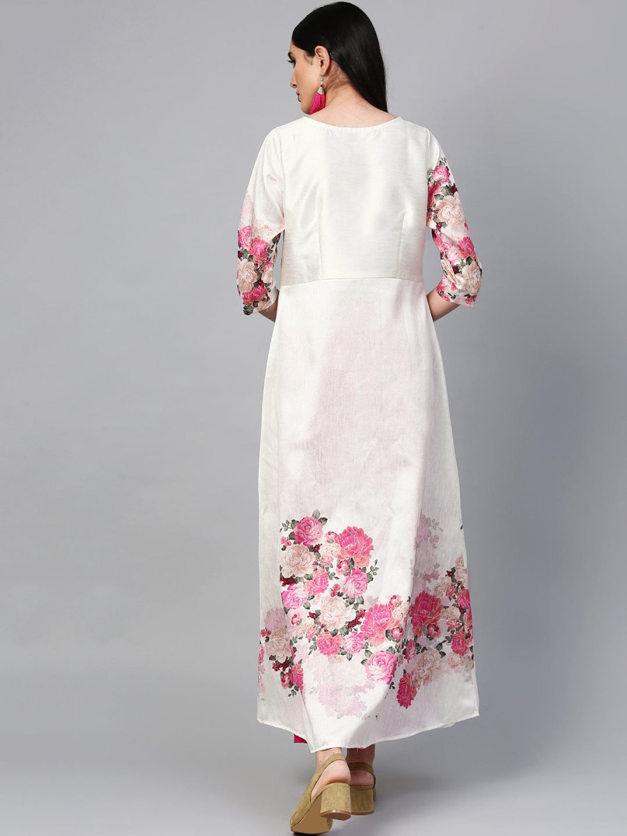 Ahalyaa Women Off-White & Pink Printed Kurta with Palazzo