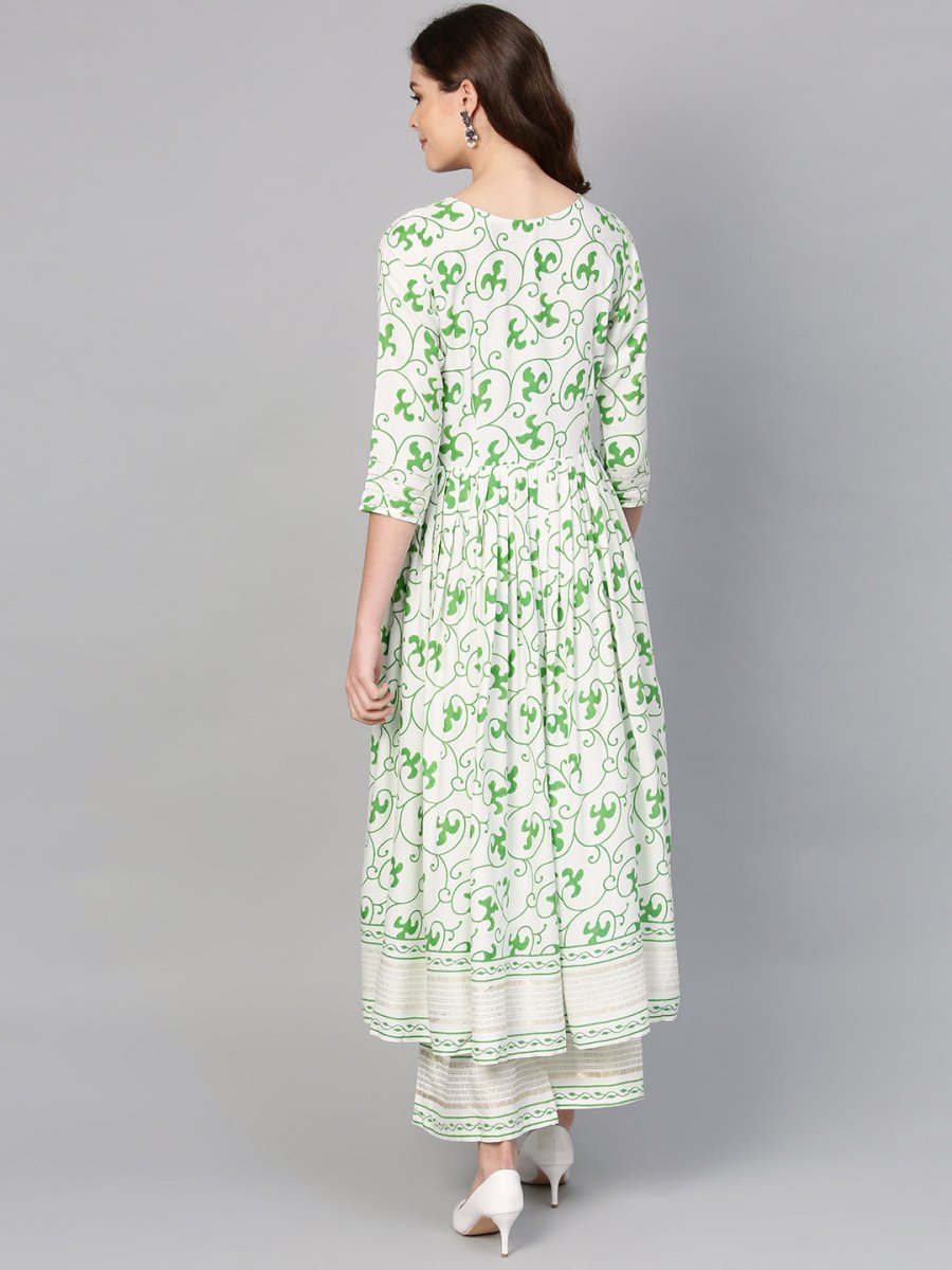 Ahalyaa Green Round Neck Assymetrical Floral Kurta with Palazzo