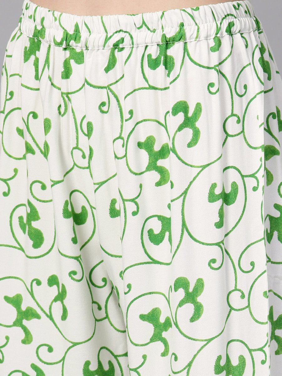 Ahalyaa Green Round Neck Assymetrical Floral Kurta with Palazzo