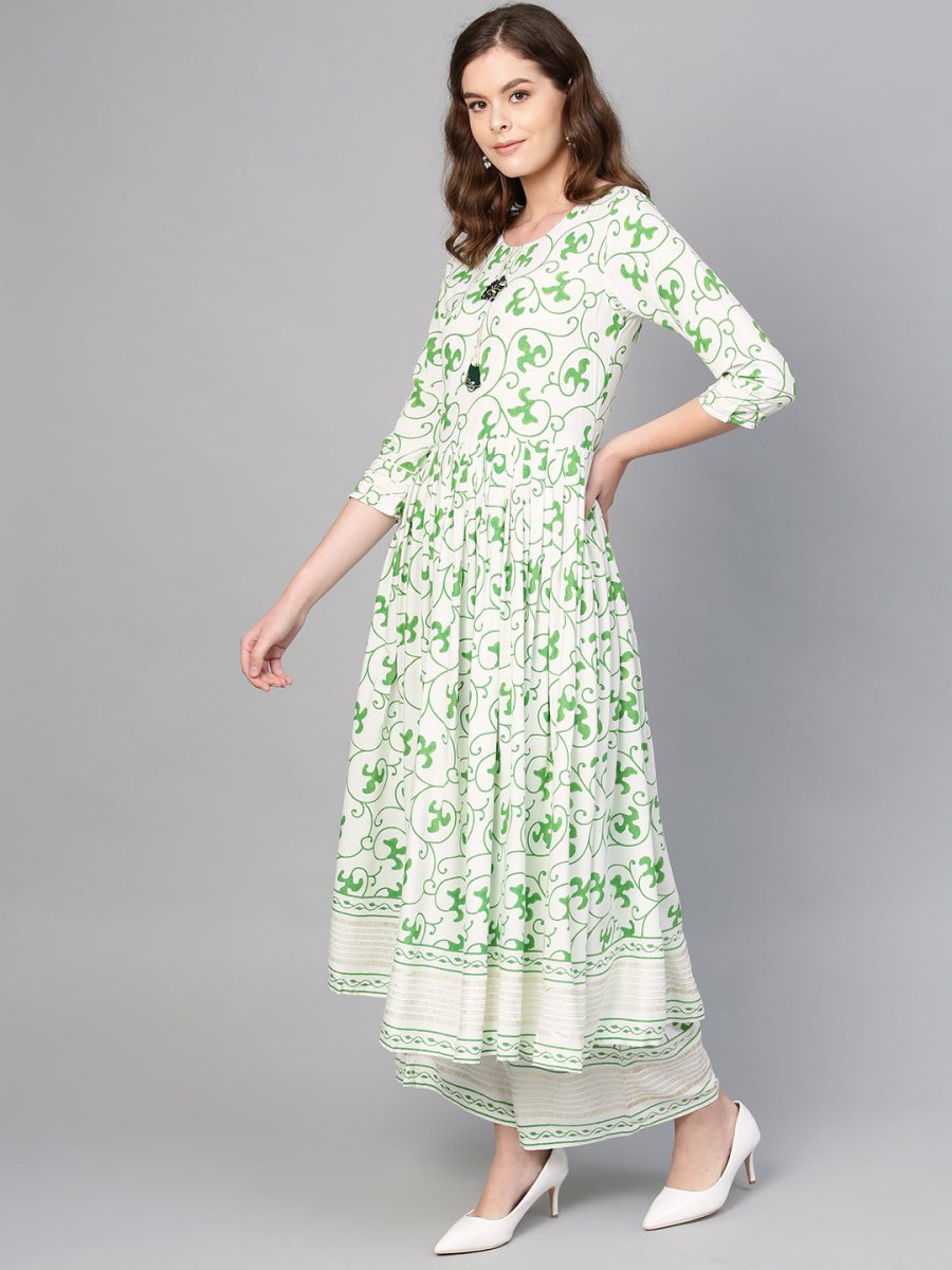 Ahalyaa Green Round Neck Assymetrical Floral Kurta with Palazzo