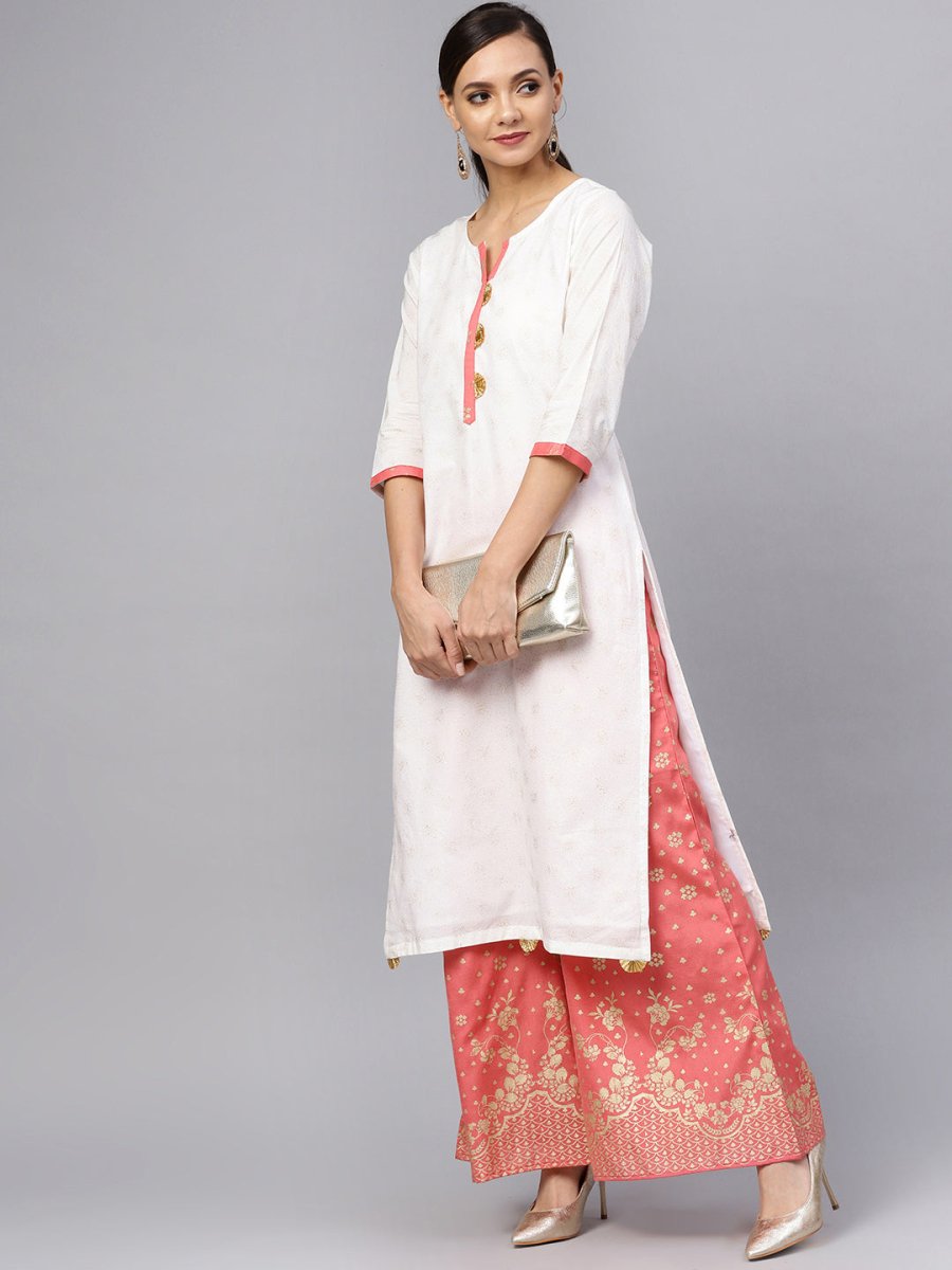 Ahalyaa White and Gold Printed Straight Kurta Set - Distacart