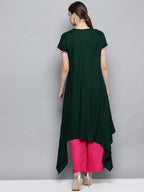 Ahalyaa Dark Green Solid Kimono Rayon Kurta Set For Women