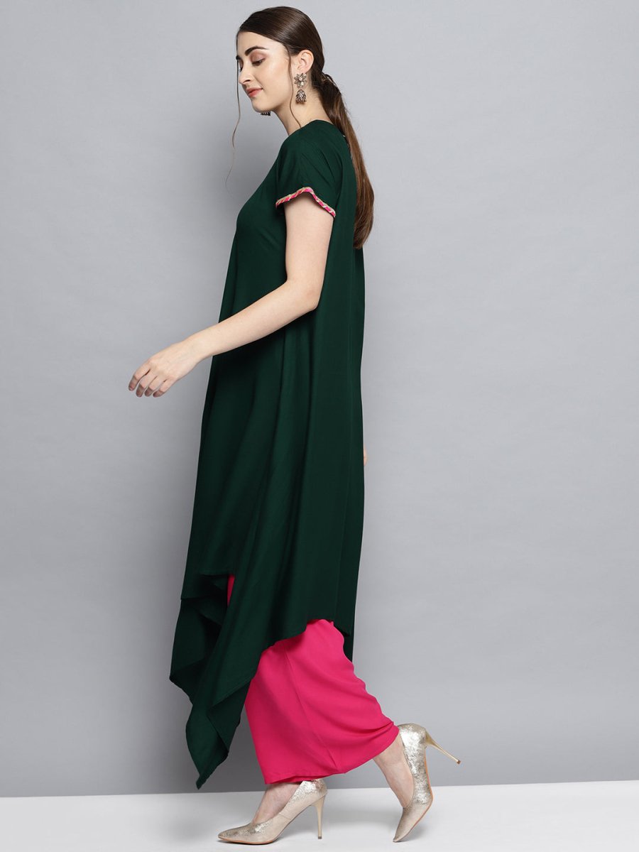 Ahalyaa Dark Green Solid Kimono Rayon Kurta Set For Women