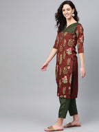 Ahalyaa Women Brown & Olive Green Printed Kurta with Palazzo