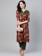 Ahalyaa Women Brown & Olive Green Printed Kurta with Palazzo