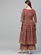 Ahalyaa Women Maroon & Off-White Printed A-Line Kurta with Palazzos