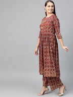 Ahalyaa Women Maroon & Off-White Printed A-Line Kurta with Palazzos