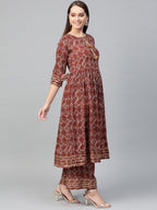 Ahalyaa Women Maroon & Off-White Printed A-Line Kurta with Palazzos