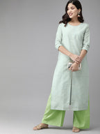 Ahalyaa Women Turquoise Blue & Gold-Toned Foil Printed Kurta with Palazzos