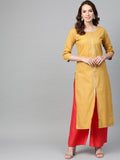 Ahalyaa Women Mustard Yellow & Coral Red Printed Kurta with Palazzo