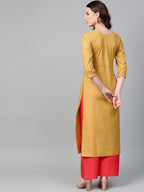 Ahalyaa Women Mustard Yellow & Coral Red Printed Kurta with Palazzo