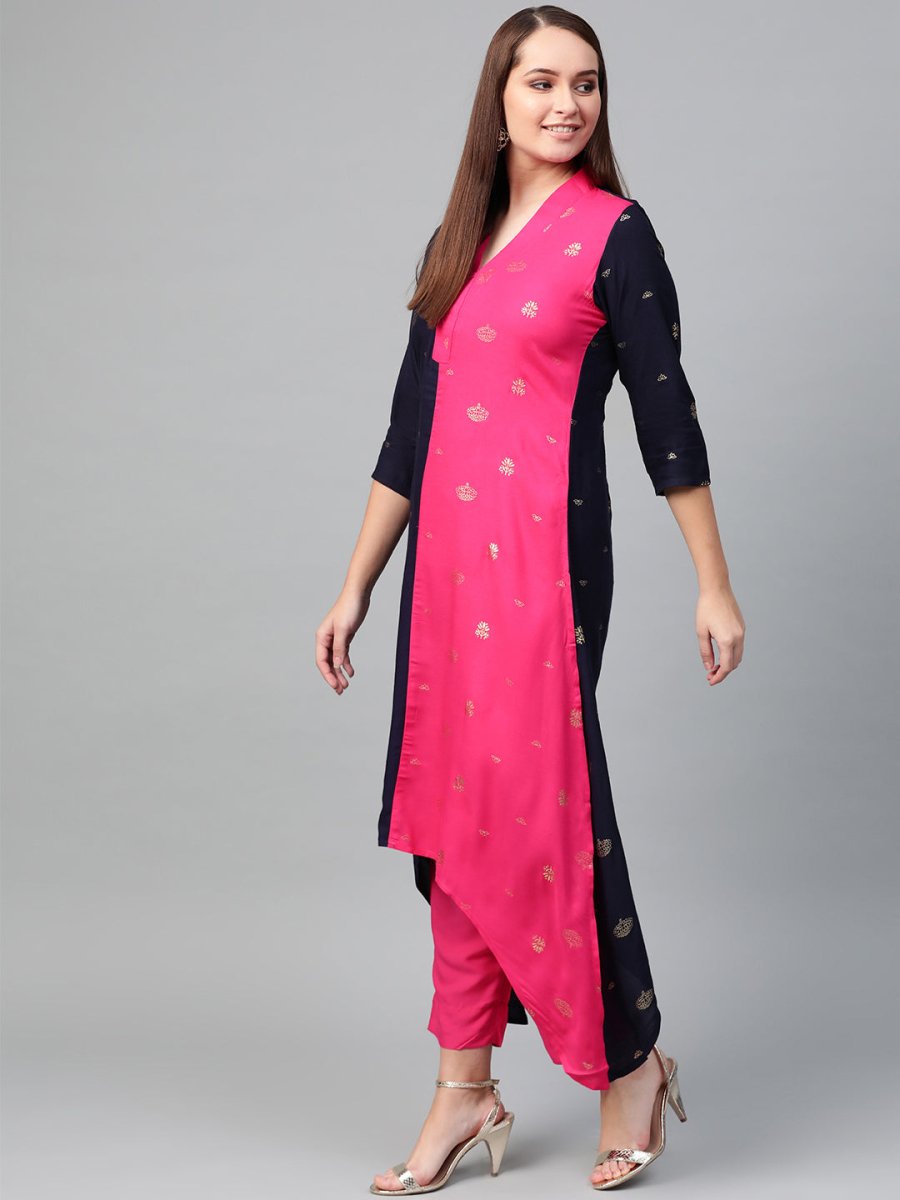 Ahalyaa Women Navy Blue & Pink Colourblocked Kurta with Trousers
