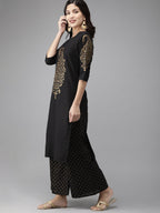 Ahalyaa Women Black & Golden Foil Print Kurta With Palazzo