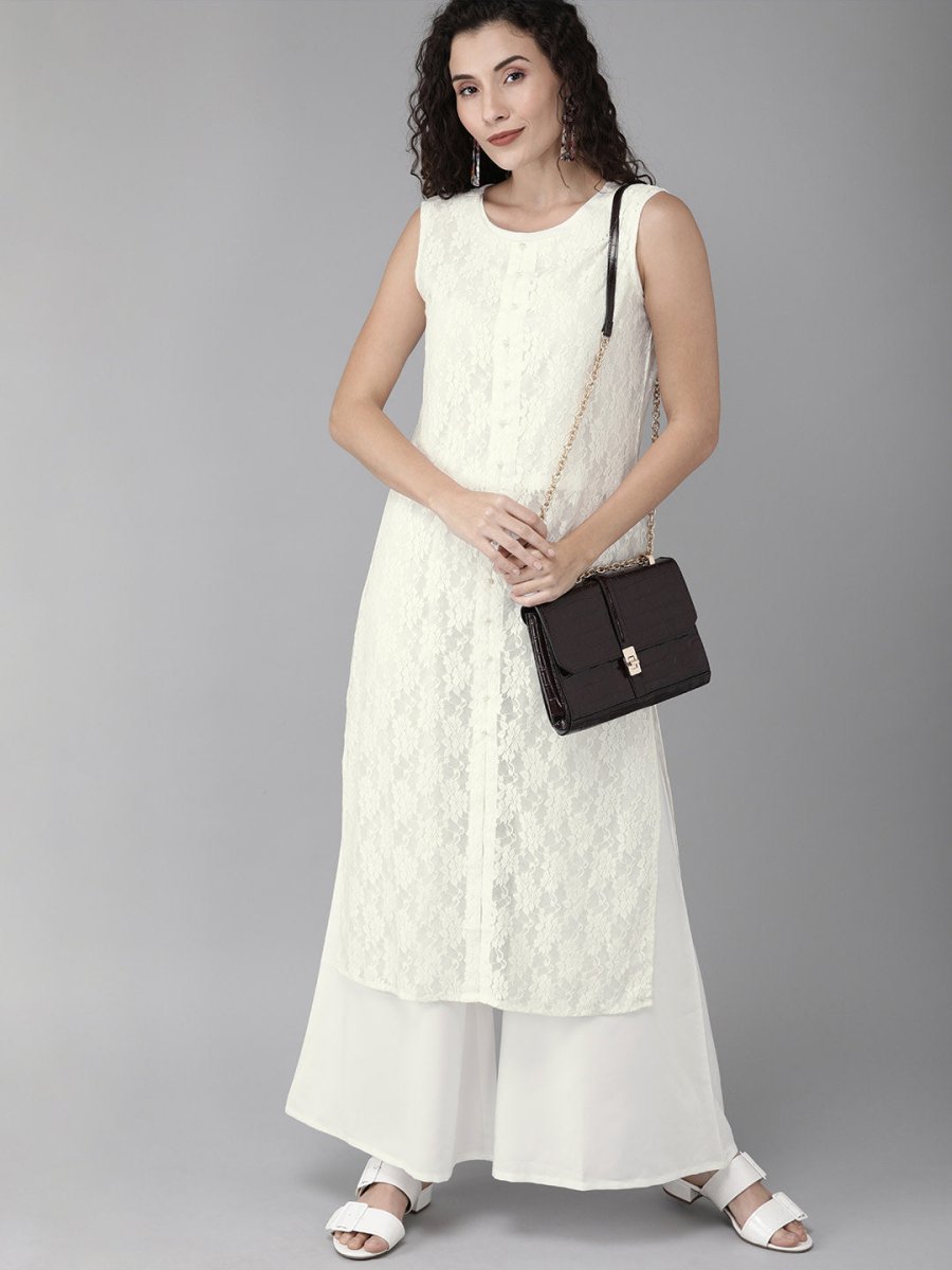 Ahalyaa White Embellished Kurta With Palazzo Set