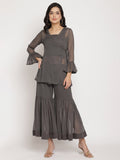 Ahalyaa Women Charcoal Grey Angrakha Kurta With Inner & Sharara