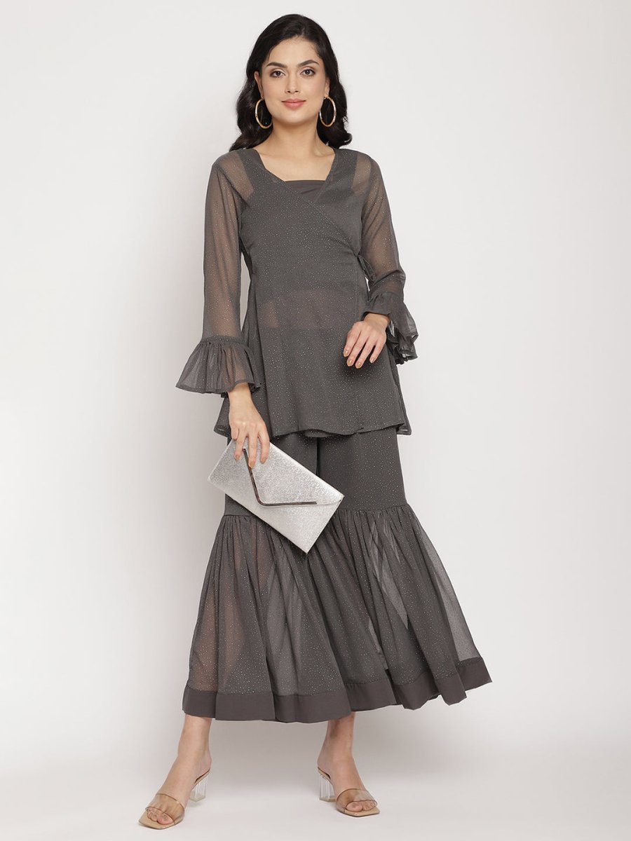 Ahalyaa Women Charcoal Grey Angrakha Kurta With Inner & Sharara