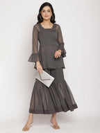 Ahalyaa Women Charcoal Grey Angrakha Kurta With Inner & Sharara