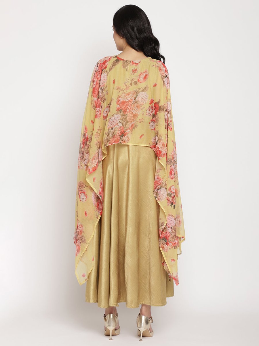 Ahalyaa Women's Mustard Color Velvet Kurta With Attached Printed Dupatta