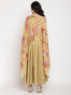 Ahalyaa Women's Mustard Color Velvet Kurta With Attached Printed Dupatta