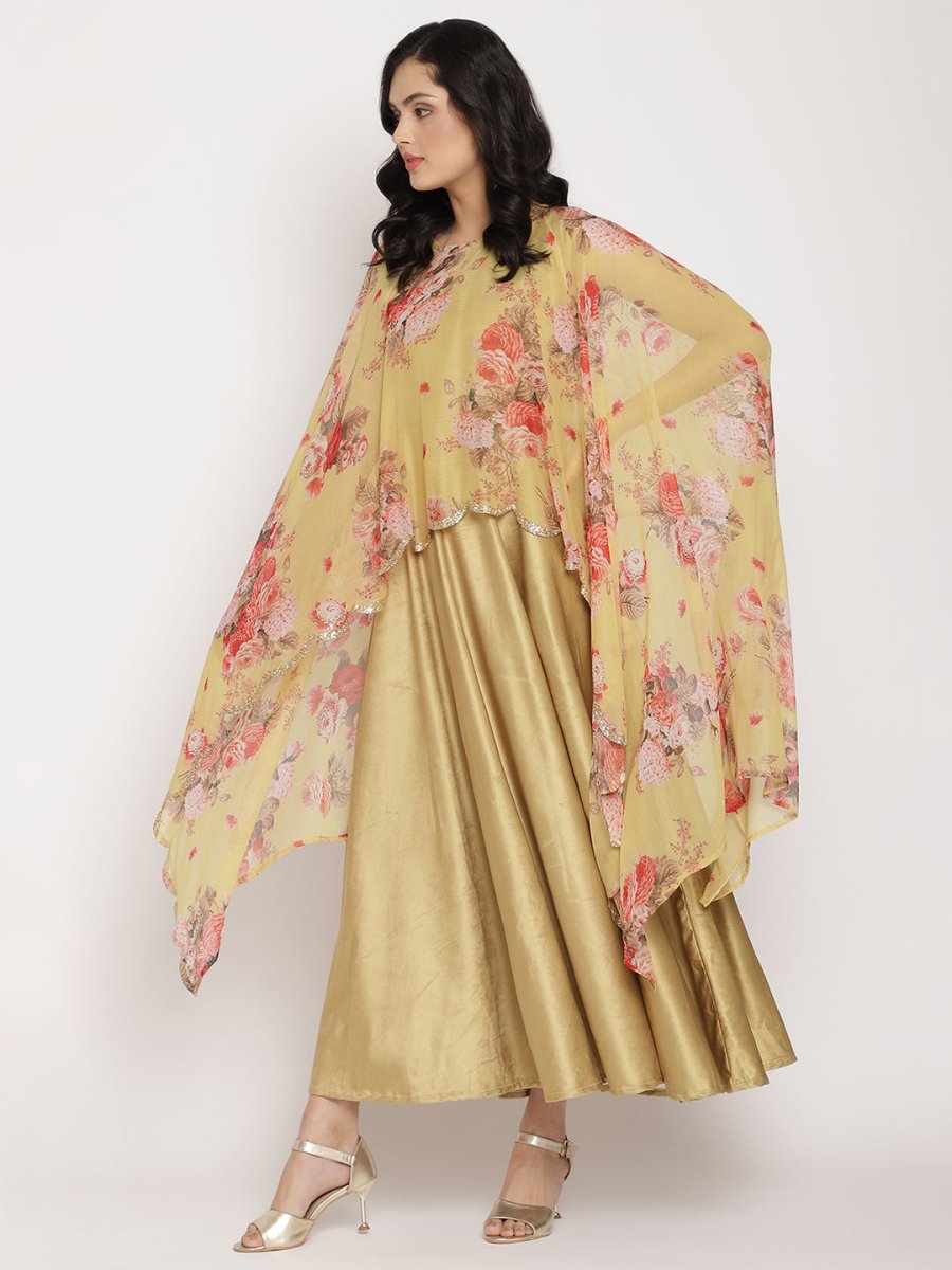 Ahalyaa Women's Mustard Color Velvet Kurta With Attached Printed Dupatta