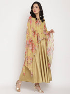 Ahalyaa Women's Mustard Color Velvet Kurta With Attached Printed Dupatta
