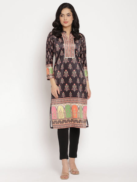 Ahalyaa Women's Black Color Digital Print Velvet Kurta